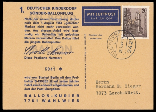 1964, Luftfahrt,Ballon,Ballonpost, 219, 233 FL, Brief