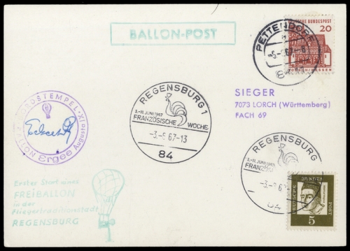 1967, Luftfahrt,Ballon,Ballonpost, Brief