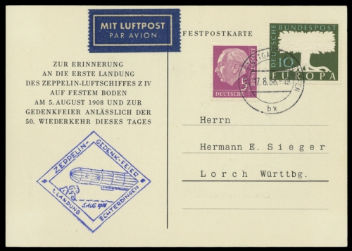 1958, Zeppelin,Zeppelin Postkarten,sonstige, Brief