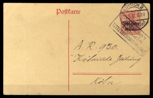 1914, Deutsche Besetzung I. WK Belgien, P 11, Brief