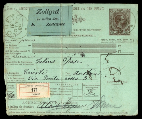 1888, Italien Gebührenmarken für Paketzustellung, AP 3, Brief