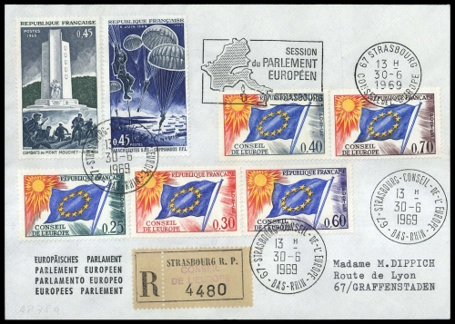 1969, Frankreich Dienstmarken für den Europarat, 10-14 u.a., Brief