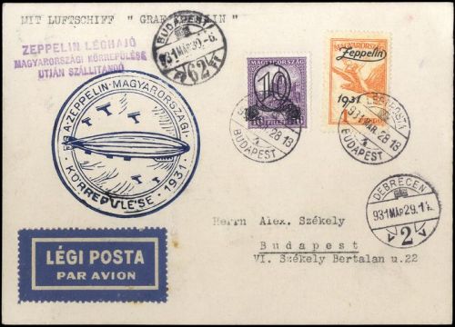 1931, Zeppelin,Zeppelinpost LZ 127,Ungarnfahrten, Si 102 Ba, Brief