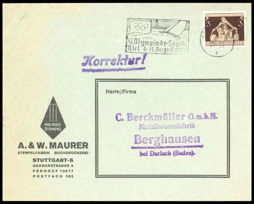 Sport u. Spiel,Olympia 1936 Kiel,, Brief