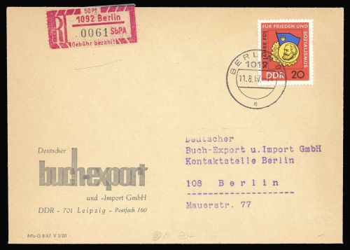 1967, DDR Einschreibemarken (SBPÄ), 1, Brief