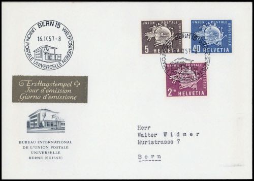 1957, Schweiz Weltpostverein UPU, 1-6, FDC