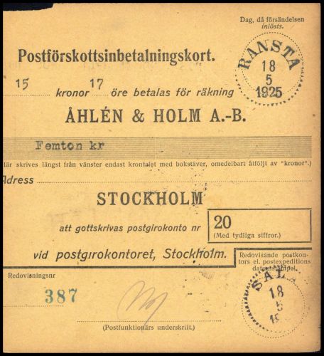 1925, Schweden, Brief