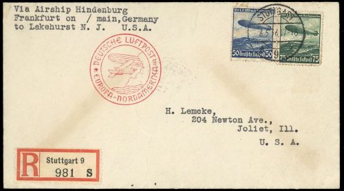 1936, Zeppelin,Zeppelinpost LZ129,Nordamerikafahrten, Si 406 G, ...