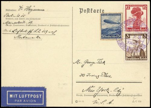 1936, Zeppelin,Zeppelinpost LZ129,Nordamerikafahrten, Si 407 A, ...