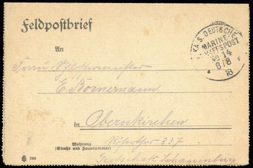 1918, Deutsche Marine Schiffspost, MSP 14 , Brief