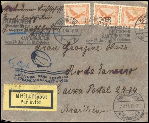 1933, Zeppelin,Zeppelinpost LZ 127,Suedamerikafahrten 1933, Si ...