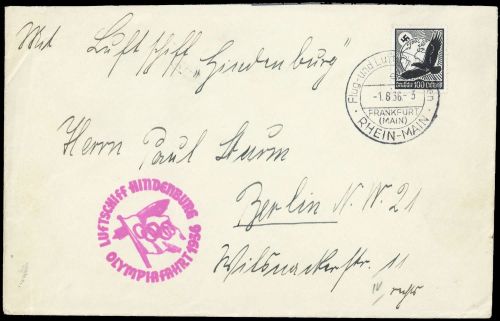 1936, Zeppelin,Zeppelinpost LZ129,Olympiafahrt, Si 427 B, Brief