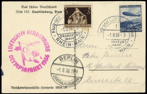 1936, Zeppelin,Zeppelinpost LZ129,Olympiafahrt, Si 427 B, Brief