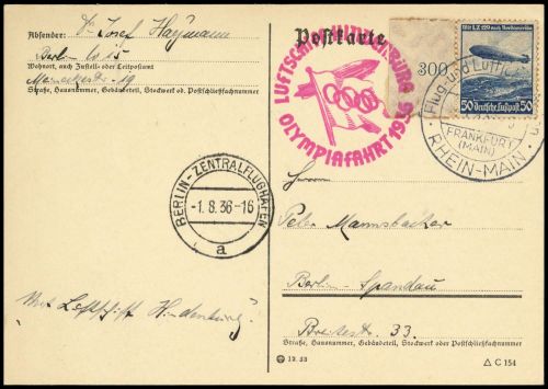 1936, Zeppelin,Zeppelinpost LZ129,Olympiafahrt, Si 427 B, Brief