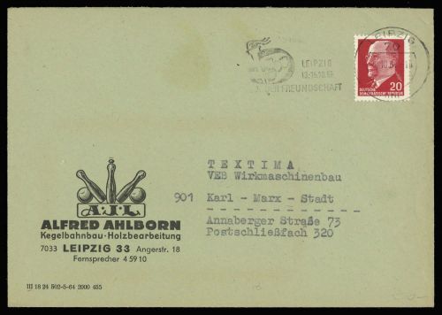 1967, Sport u. Spiel,Bowling-Kegeln,Kegeln, DDR 848, Brief