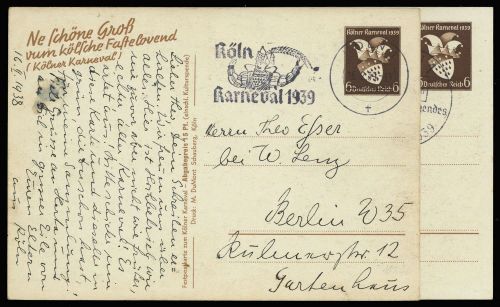 1938, Kunst u. Kultur,Karneval, Fasching,, DR P 277 (2), Brief