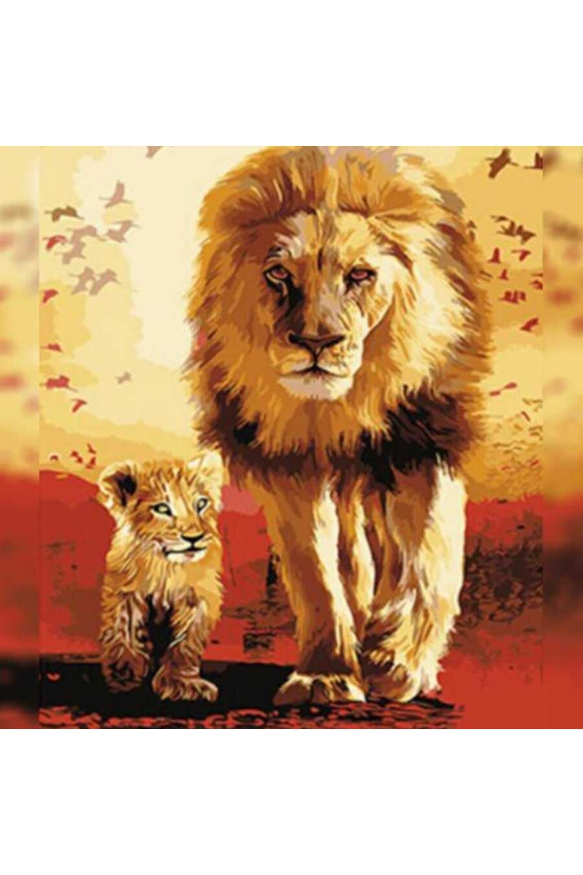 Baba Oğul Aslan Sayılarla Tablo Kanvasa Gerili