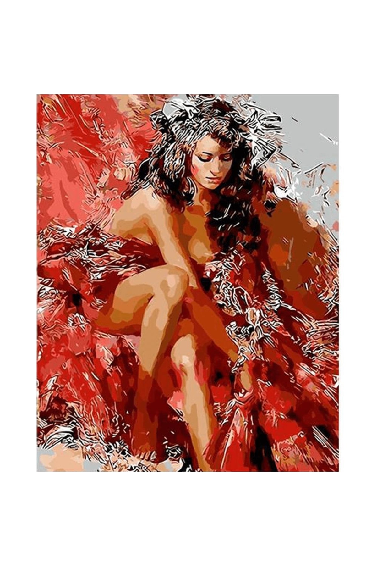 Kırmızı Ve Kadın Sayılarla Boyama Seti Kasnaklı