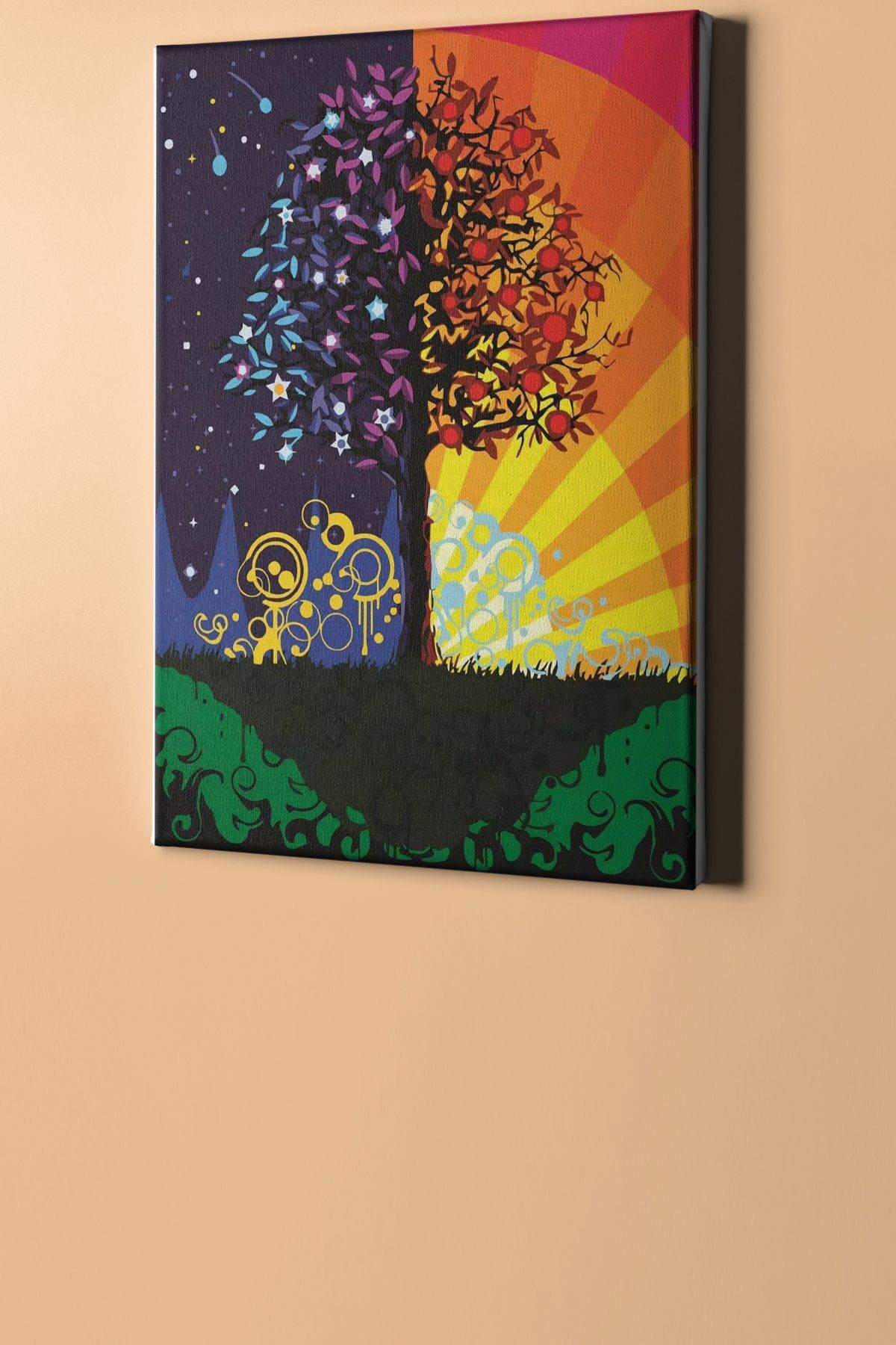 Gündüz Gece Ve Ağaç Sayılarla Tablo Kanvasa Gerili - Görsel 2