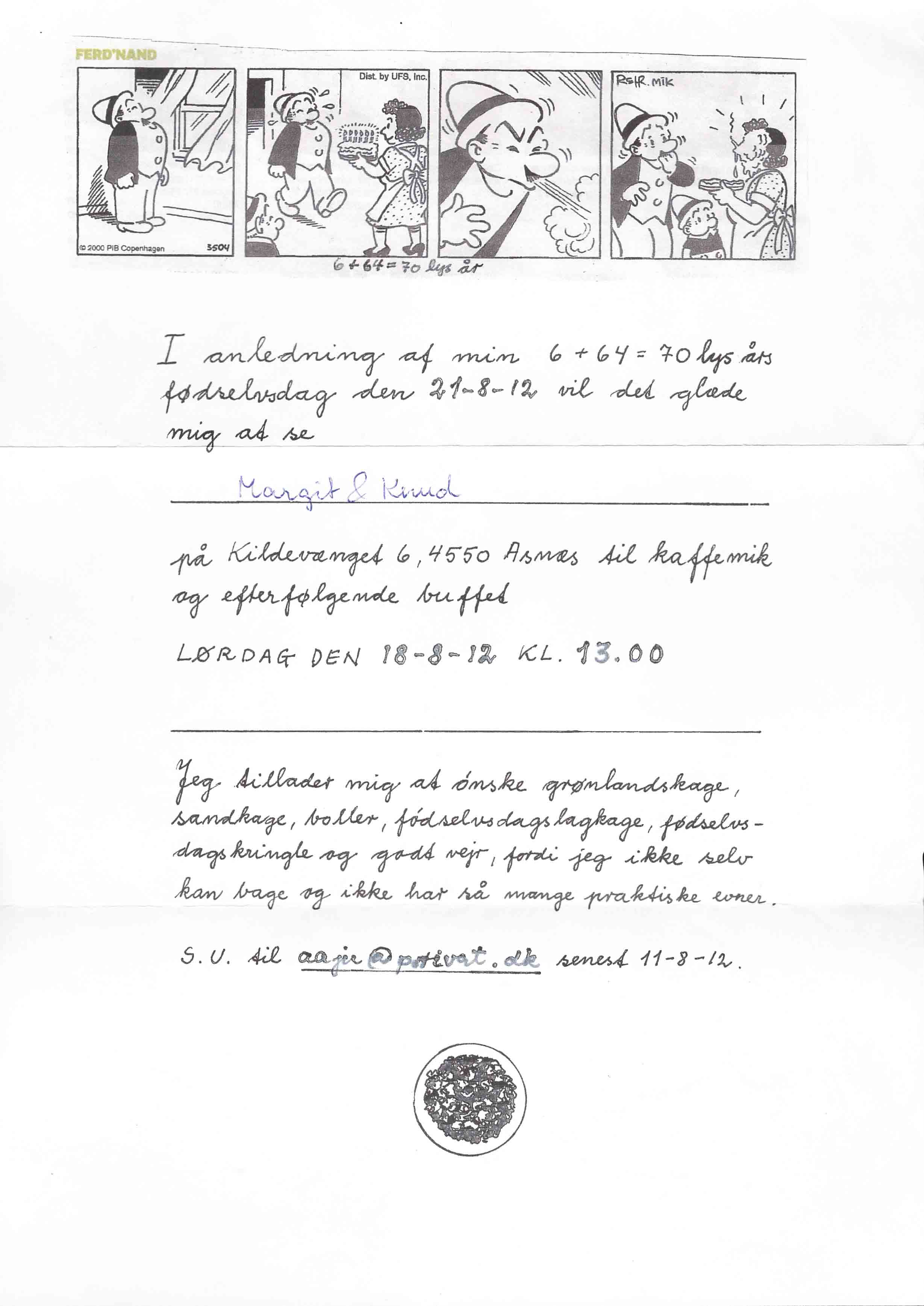 Indbydelse til 70 års fødselsdag