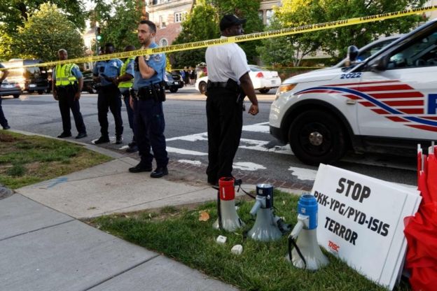 Police secure the street outside the Turkish embassy during a visit by President Recep Tayyip Erdogan on May 16, 2017 in Washington, DC.