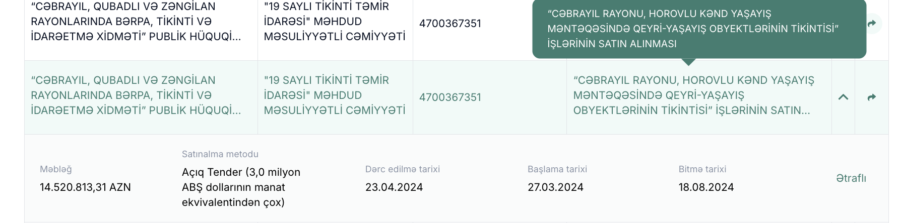 Foto: etender.gov.az portalından ekran görüntüsü