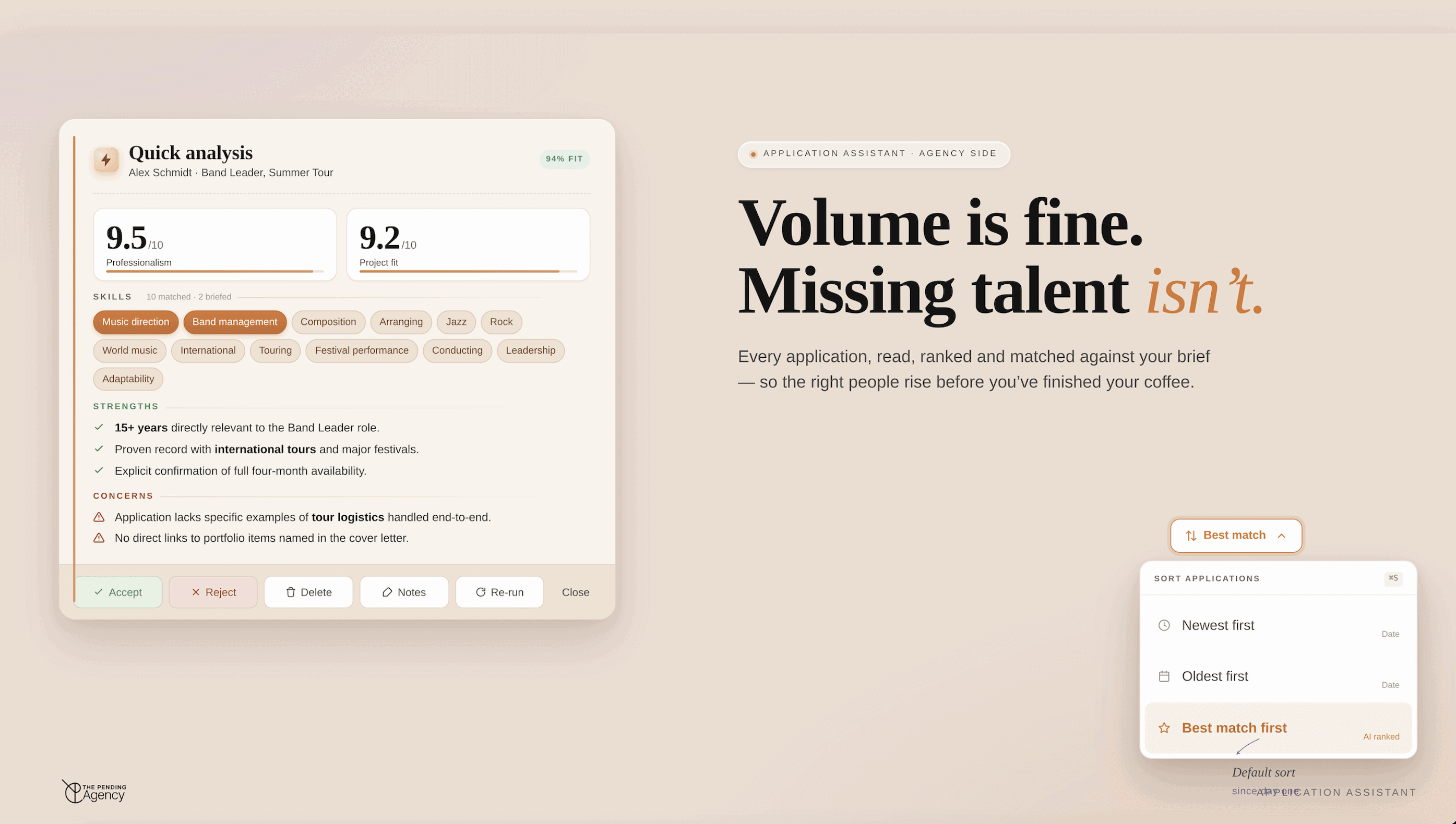 The Pending's AI Application Assistant: quick fit analysis and 'Best match first' AI-ranked sorting for casting applications.