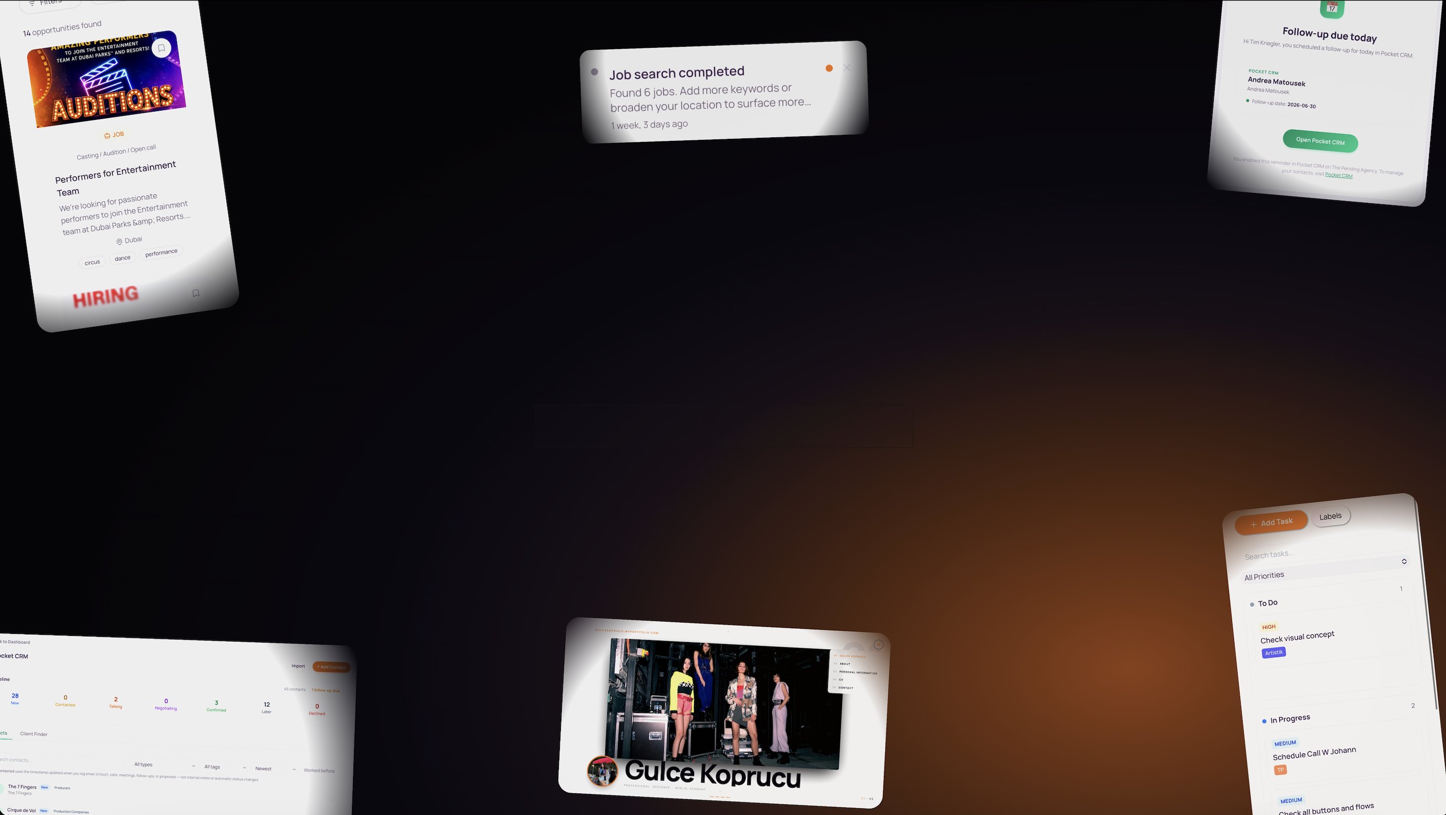 Product screenshot collage showing The Pending's artist tools on a dark background — a job listing card for a Dubai entertainment job, a job search notification, a Pocket CRM follow-up reminder for a contact, a client pipeline dashboard, a task board