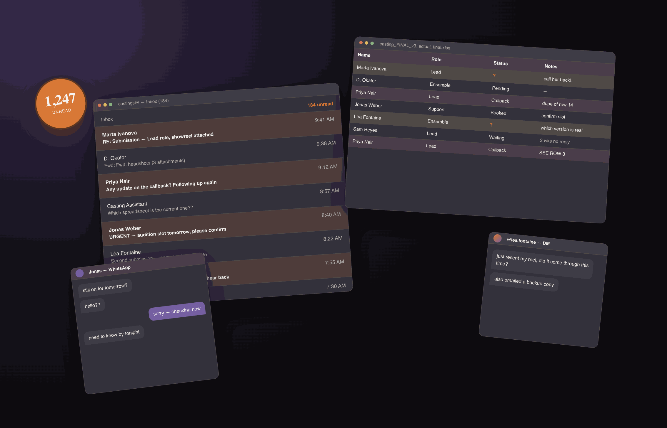 The Pending: An overflowing email inbox and a confusing casting spreadsheet symbolize the chaos of managing applications across multiple channels.