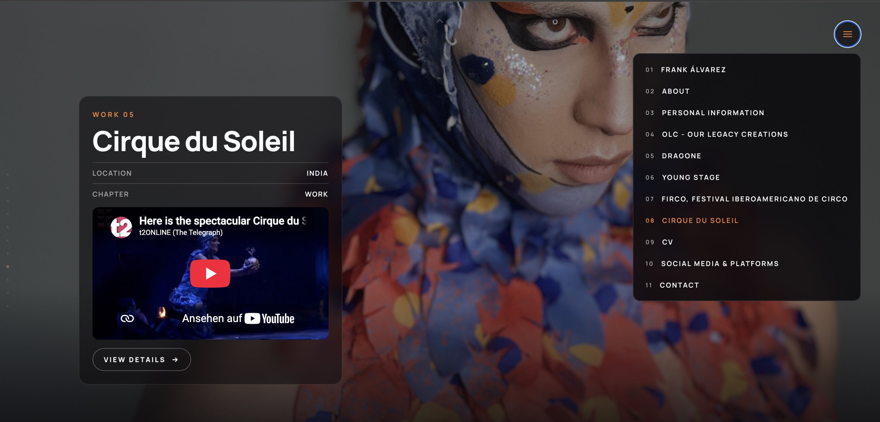 Artist portfolio on The Pending showing a Cirque du Soleil work entry with location, chapter and an embedded video, next to the open section navigation