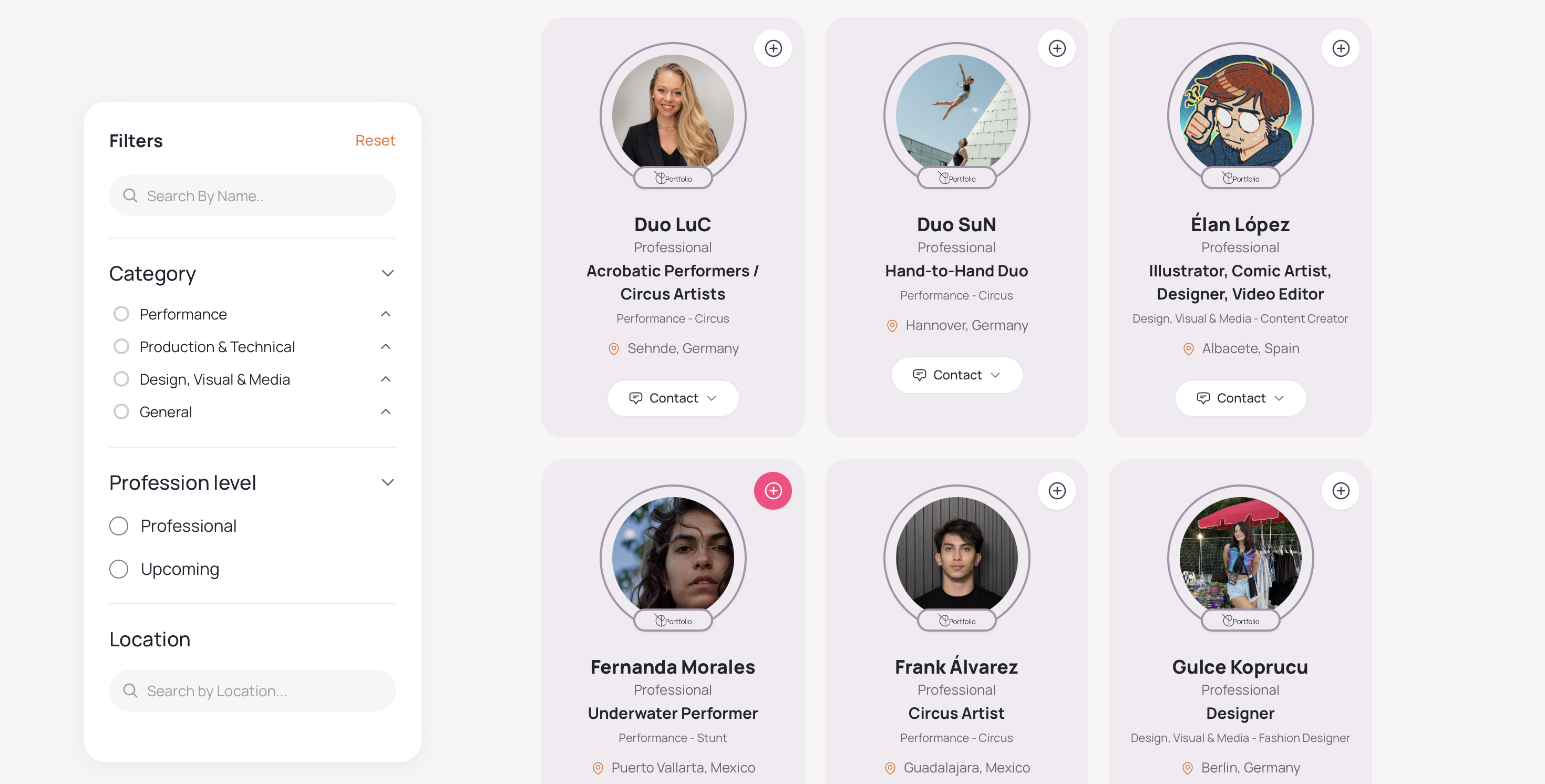 Screenshot of The Pending's talent roster page, showing filterable performer and creative profile cards with categories, contact buttons, and location tags.