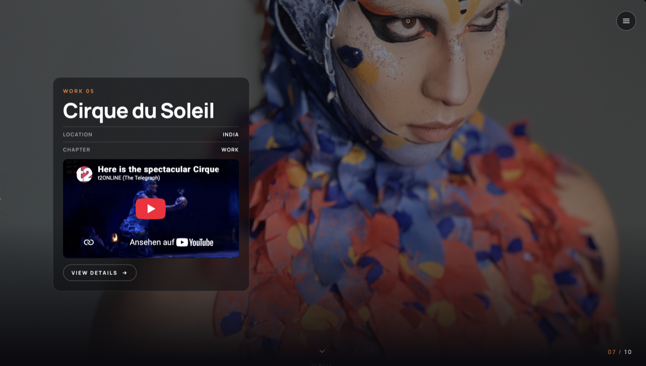 Portfolio piece: Cirque du Soleil production work in India, featuring elaborate feathered costume and avant-garde face paint design.