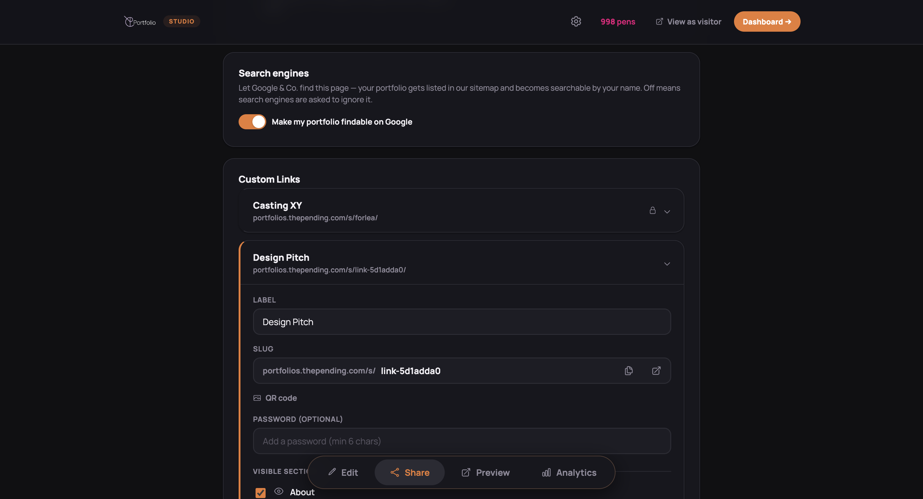Screenshot of The Pending's Custom Links settings, showing search engine visibility toggle and password-protected, sluggable share links with QR codes for portfolio versions.