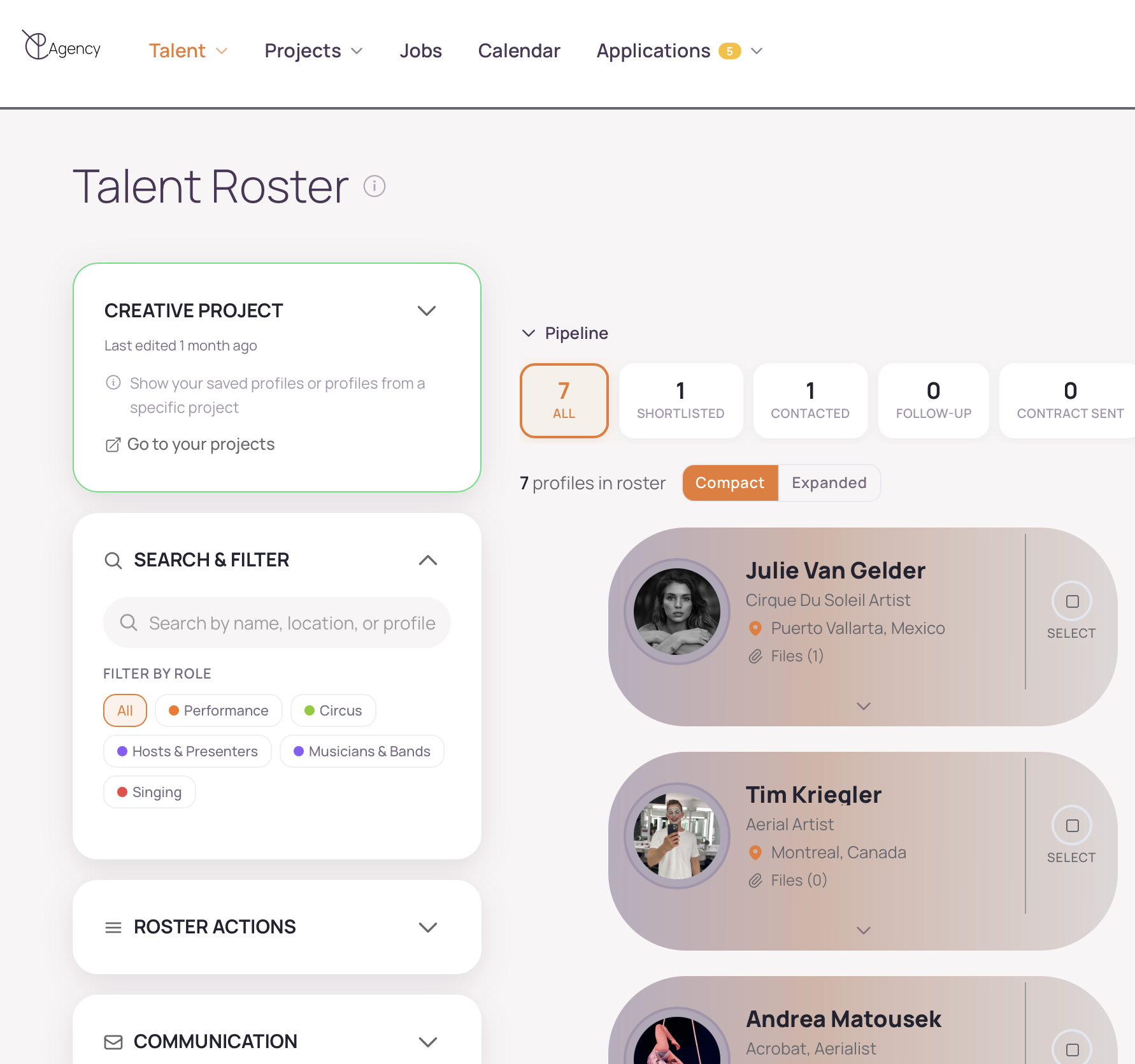 Screenshot of The Pending's Talent Roster showing filterable, searchable performer profiles organized by project.