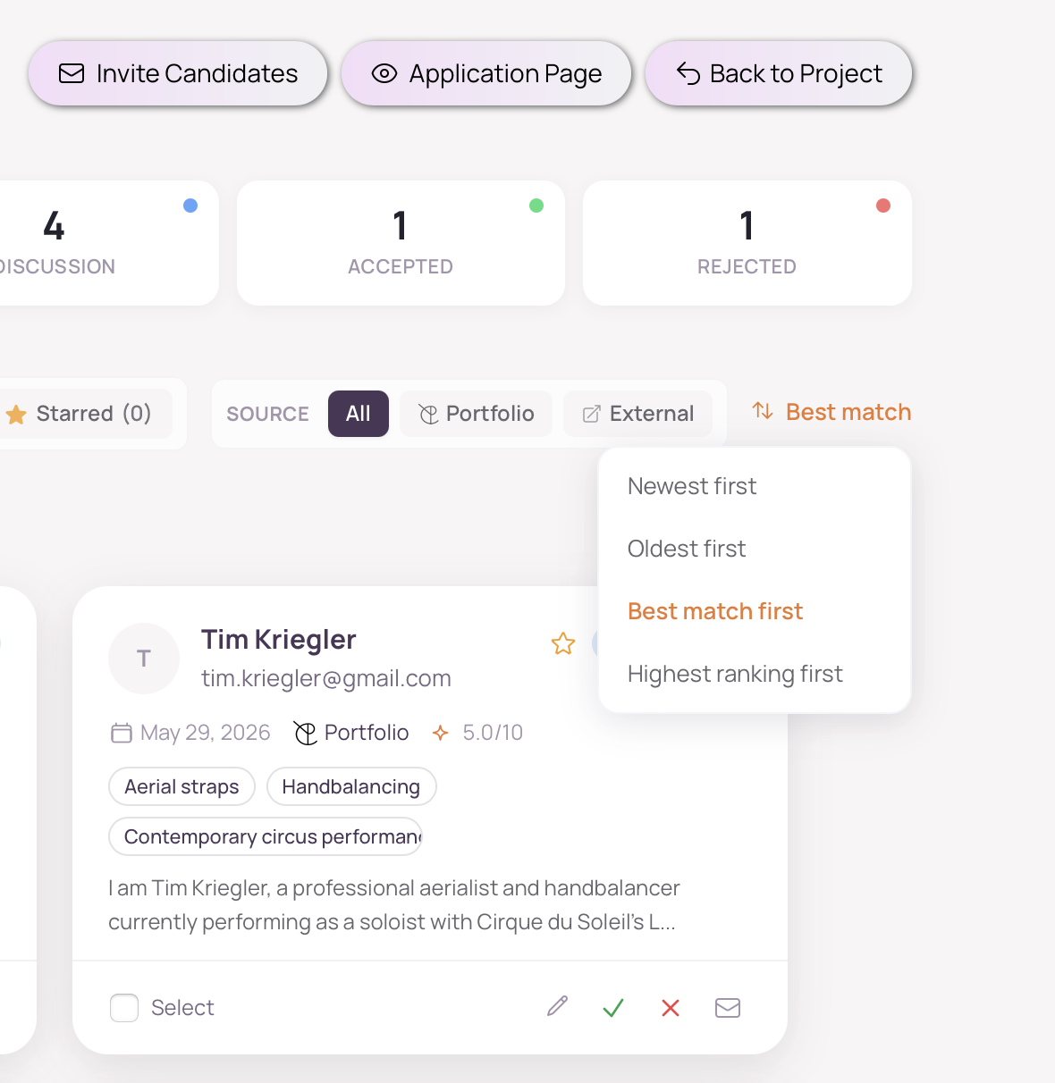 Screenshot of The Pending's application inbox with AI-powered sorting options like best match and newest first.