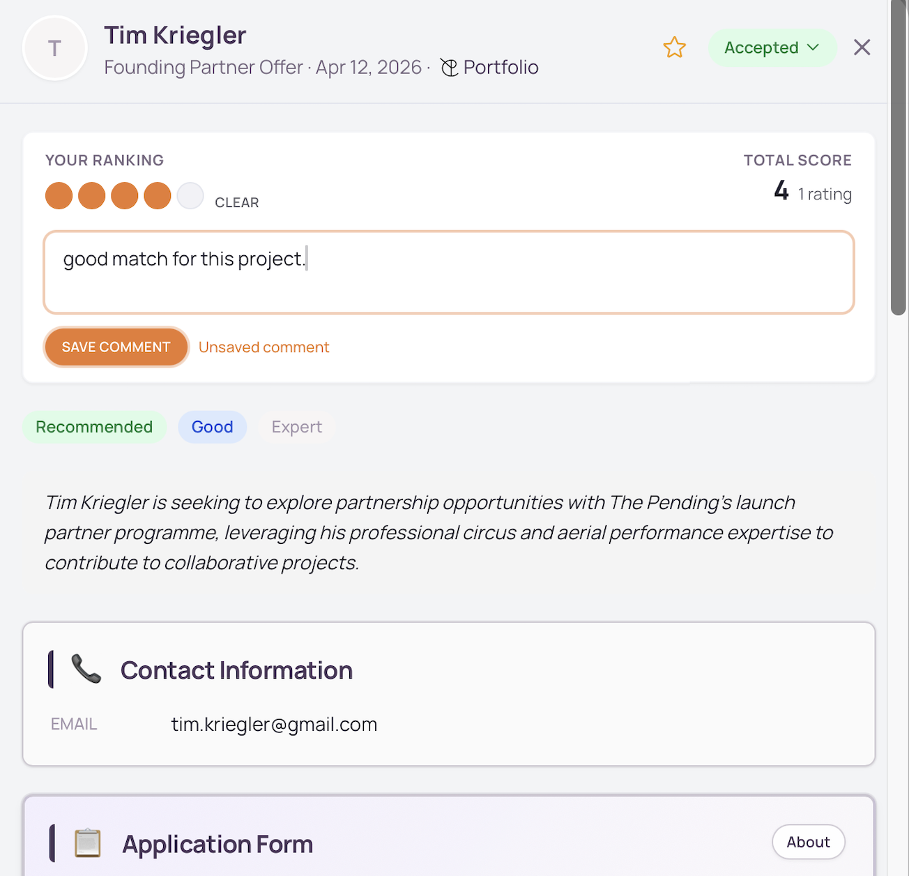 Screenshot of The Pending's application detail view with an AI-generated candidate summary and team scoring.