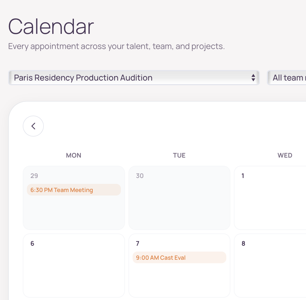 Screenshot of The Pending's Calendar showing scheduled meetings and casting-related appointments across a project team.