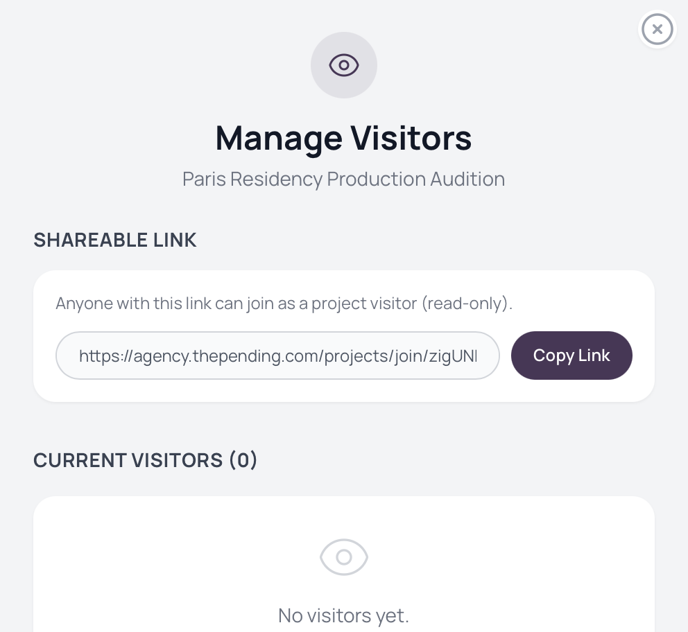 Screenshot of The Pending's shareable visitor link panel for granting read-only project access without an account.