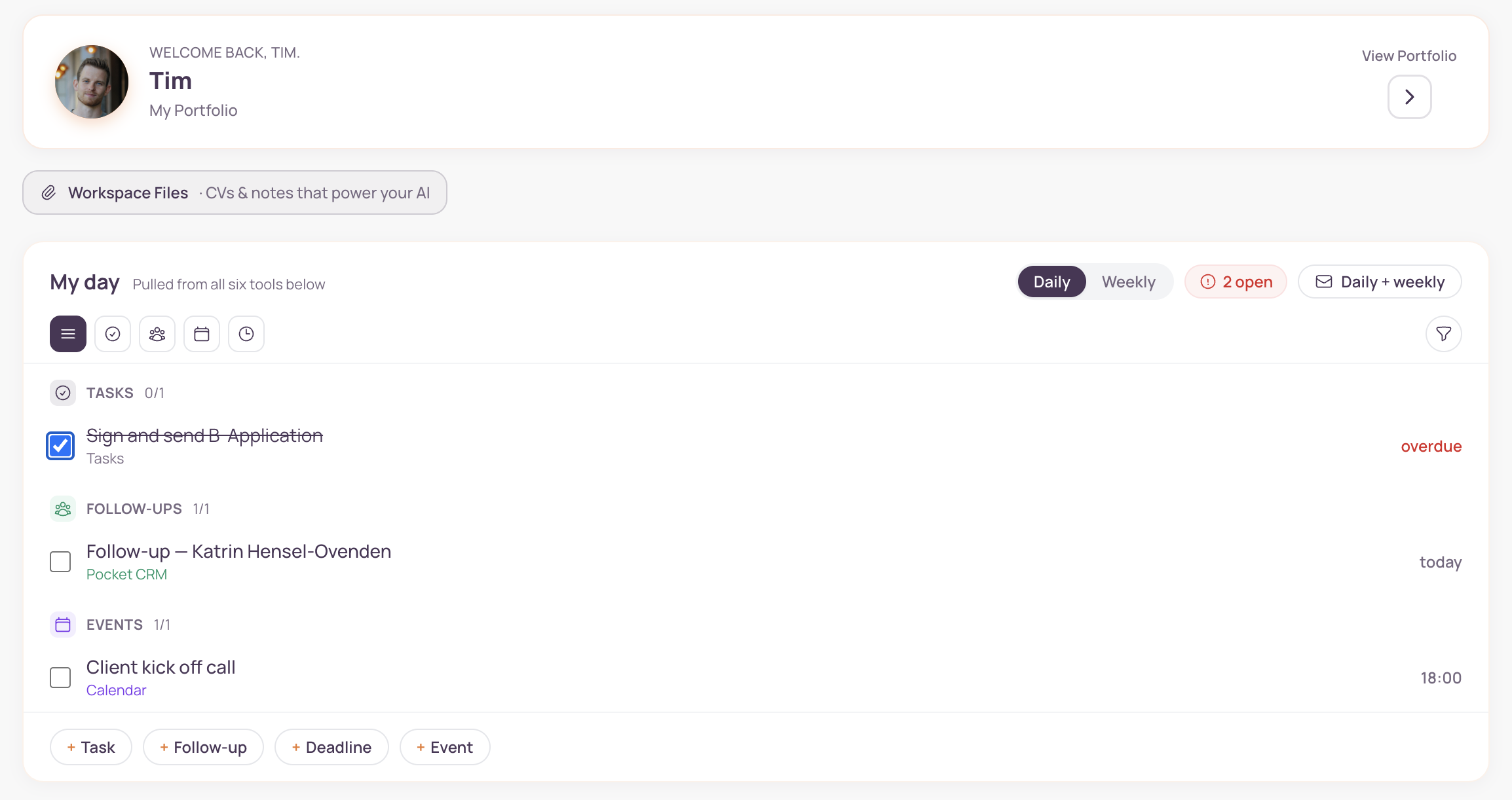 Screenshot of The Pending's My Day dashboard widget showing tasks, follow-ups, and calendar events grouped together with due dates and quick-add buttons.