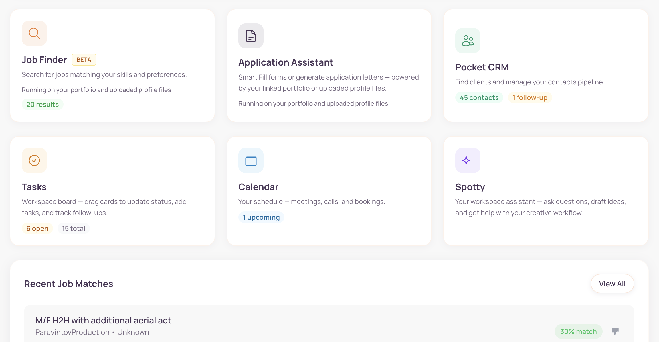 Screenshot of The Pending's dashboard showing six feature cards, Job Finder, Application Assistant, Pocket CRM, Tasks, Calendar, and Spotty, plus a Recent Job Matches section below