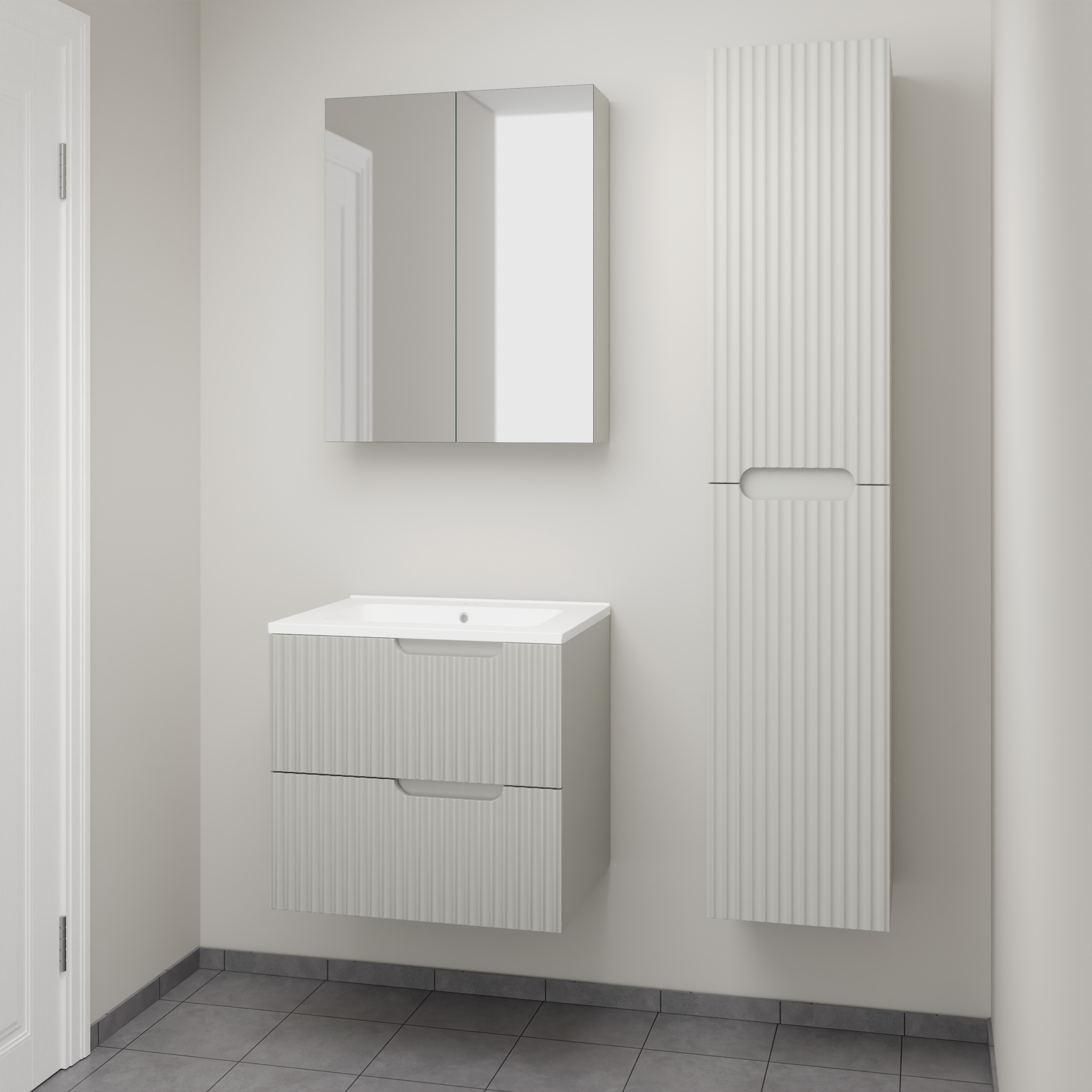 Linie Ribbo badkamermeubel met Vano wastafel, spiegelkast en badkamerkast | B60 cm x D46 cm | Onderkast Greige | Wastafel in kleur wit | Zwevend | Enkele wastafel