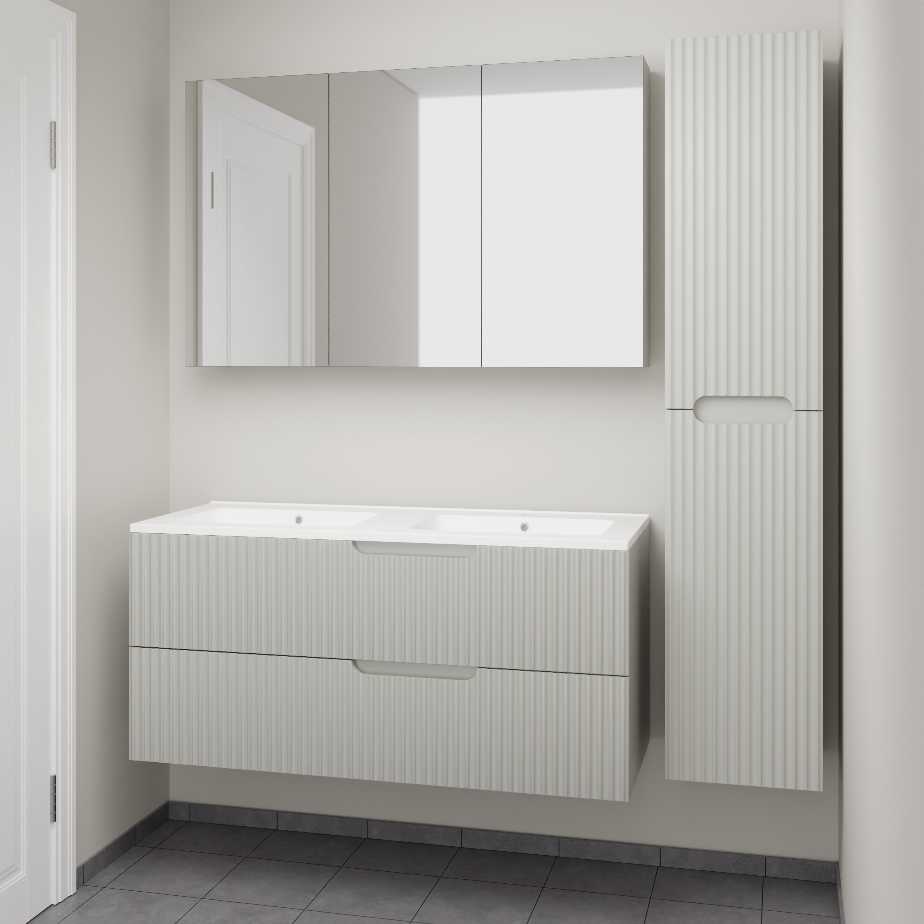 Linie Ribbo badkamermeubel met Vano wastafel, spiegelkast en badkamerkast | B120 cm x D46 cm | Onderkast Greige | Wastafel in kleur wit | Zwevend | Dubbele wastafel