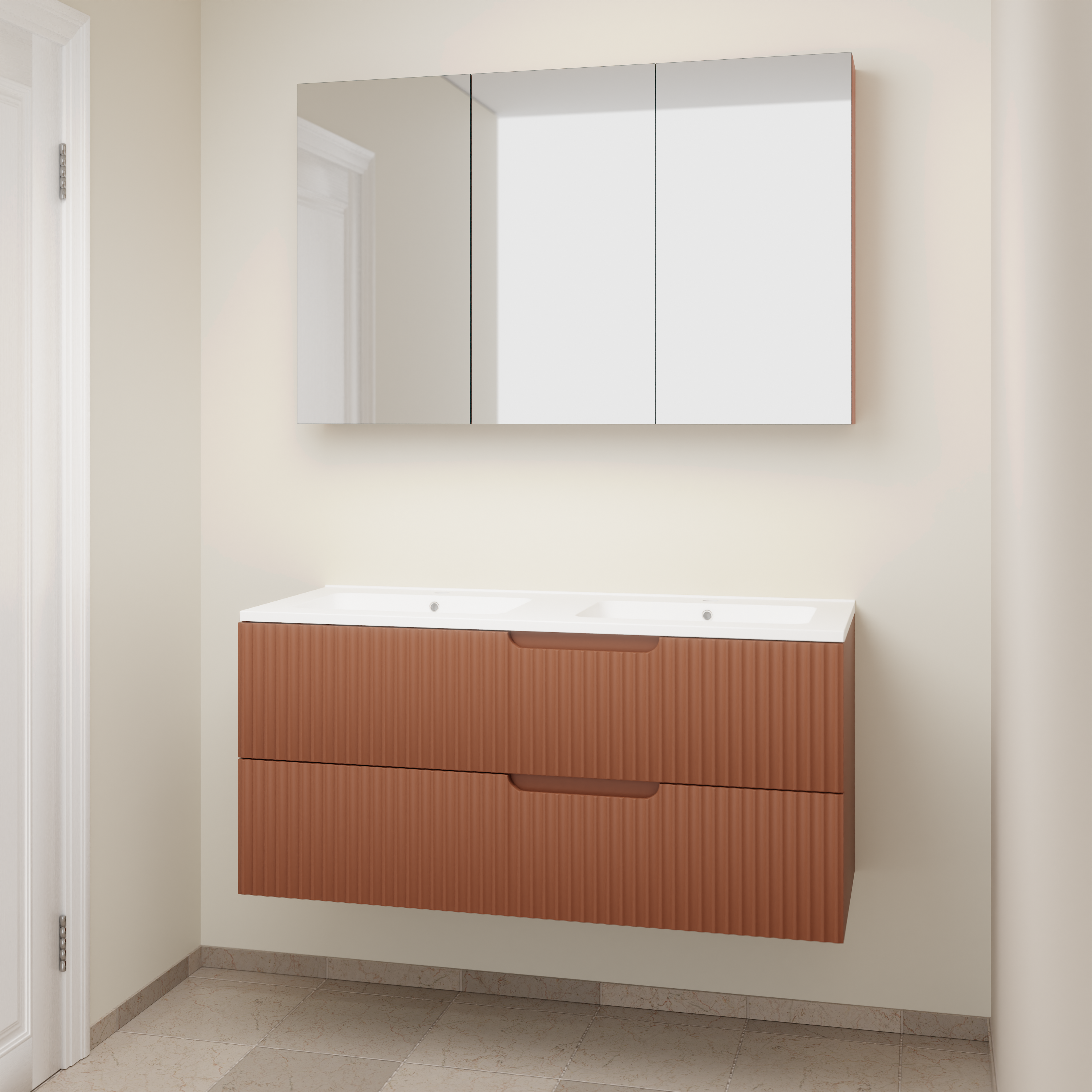 Linie Ribbo badkamermeubel met Vano wastafel en spiegelkast | B120 x D46 cm | Onderkast Cotto | Wastafel in kleur wit | Zwevend | Dubbele wastafel