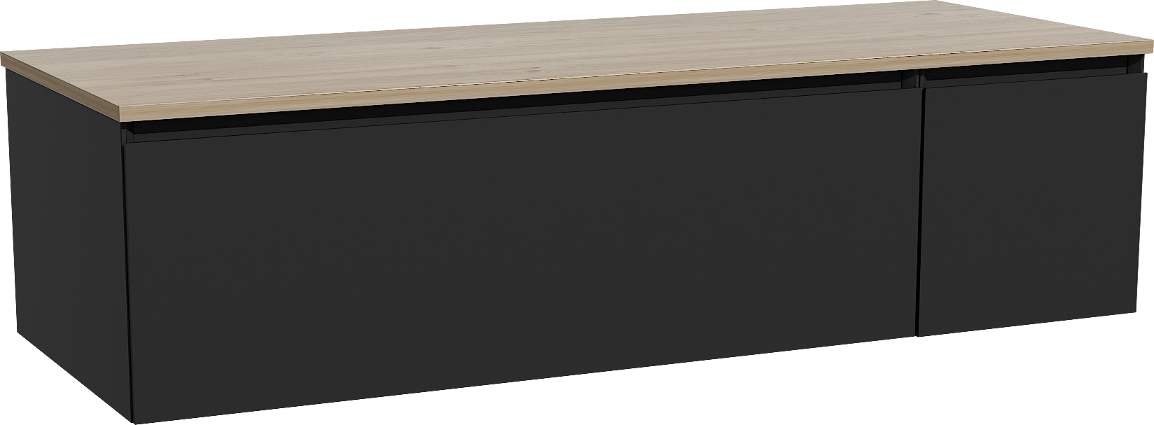 Storke Edge badkamermeubel met Panton Tablet voor waskom(men) | B140 cm x D52 cm | Onderkast Mat zwart | Tablet voor waskom(men) in kleur bruin | Zwevend | Enkel of dubbel tablet
