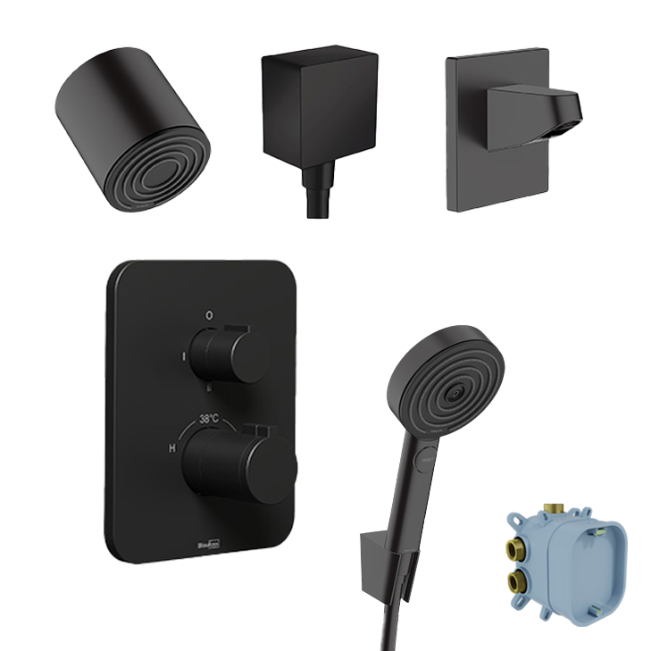 Blaufoss Smartbox Softline inbouw regendoucheset, inclusief inbouwelement | Mat Zwart | Met waterbesparende functie | Thermostatische kraan | Ronde regendouchekop | Ø10.5cm