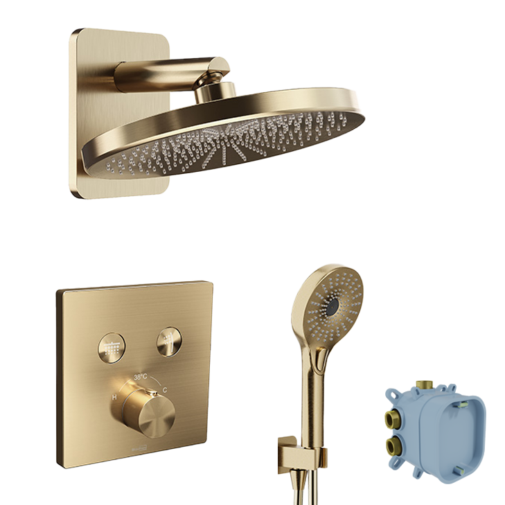 Blaufoss Smartbox Switch-line inbouw regendoucheset, inclusief inbouwelement | Brushed Champagne Gold | Met waterbesparende functie | Thermostatische kraan | Ronde regendouchekop | Ø25cm