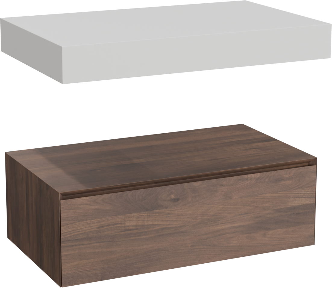 Balmani Mitra Elements badkamermeubel met Dominus Tablet voor waskom(men) | B90 cm x D55 cm | Onderkast massief Amerikaanse notelaar | Tablet voor waskom(men) in kleur wit | Zwevend | Enkel tablet