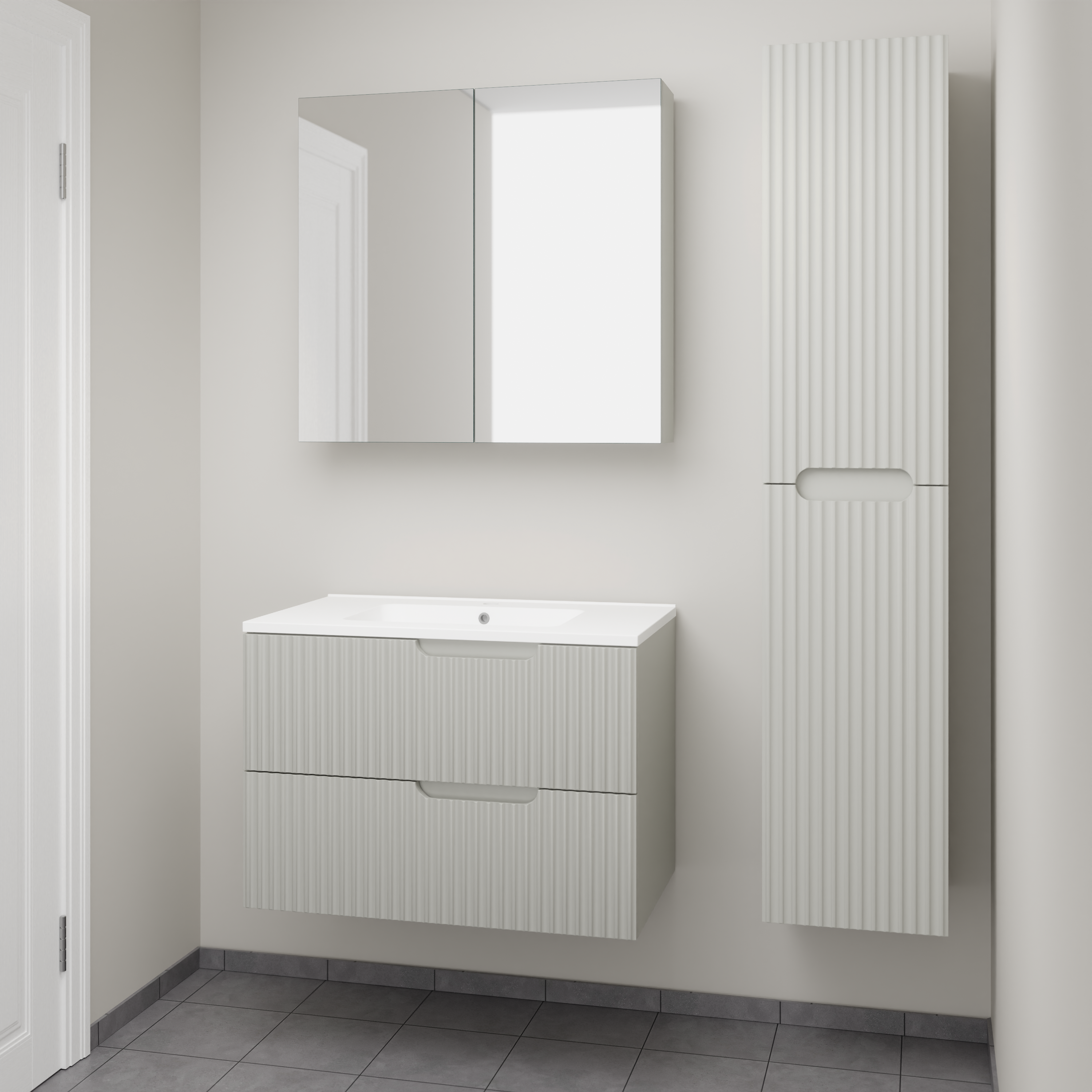 Linie Ribbo badkamermeubel met Vano wastafel, spiegelkast en badkamerkast | B80 cm x D46 cm | Onderkast Greige | Wastafel in kleur wit | Zwevend | Enkele wastafel