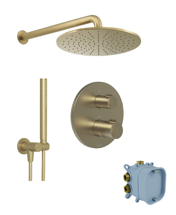 Blaufoss Smartbox Round inbouw regendoucheset, inclusief inbouwelement | Brushed Champagne Gold | Met waterbesparende functie | Thermostatische kraan | Ronde regendouchekop | Ø30cm
