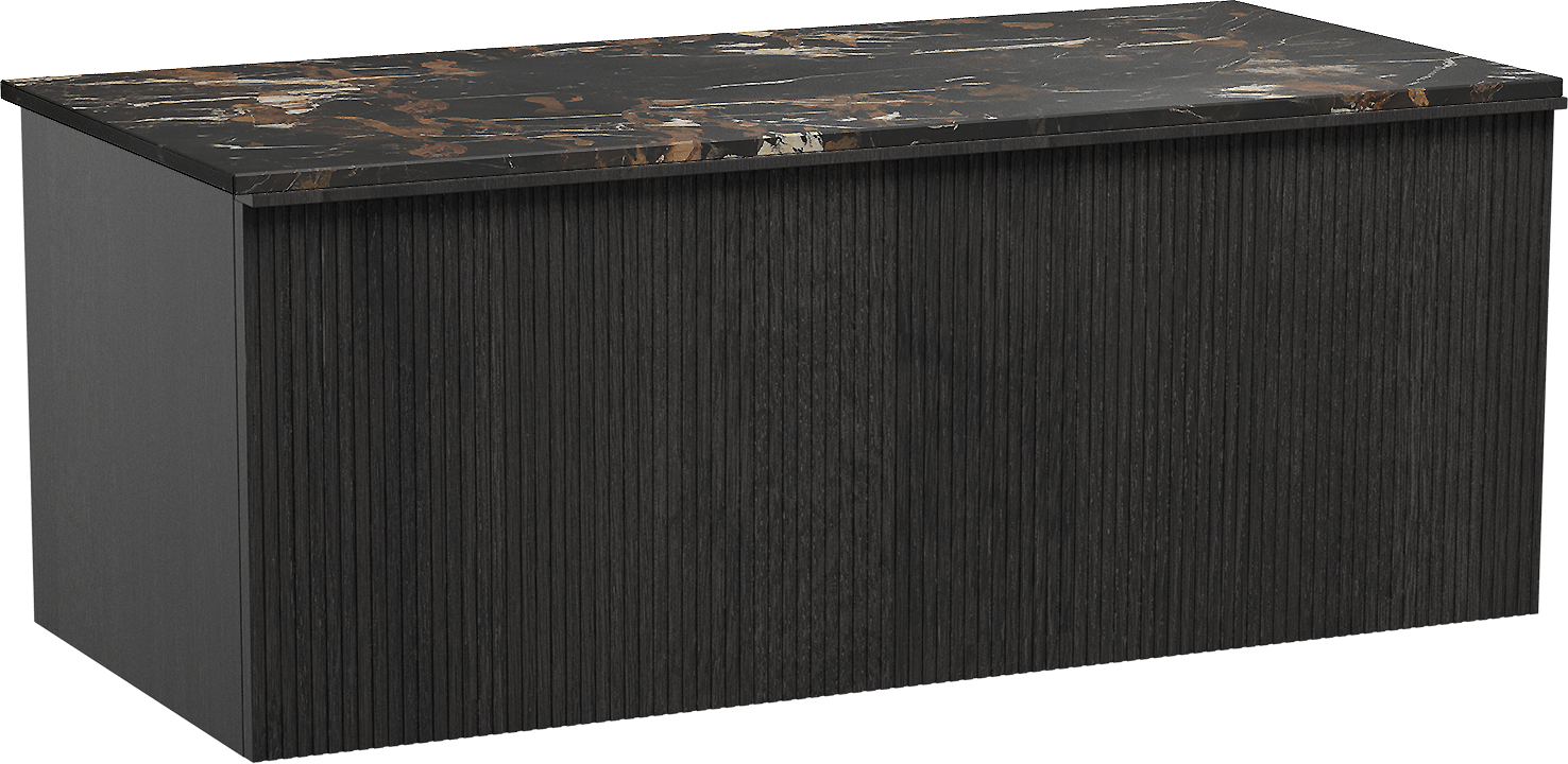 Balmani Forma badkamermeubel met Stretto Tablet voor waskom(men) | B120 cm x D55 cm | Onderkast massief Zwarte eik | Tablet voor waskom(men) in kleur zwart | Zwevend | Enkel tablet